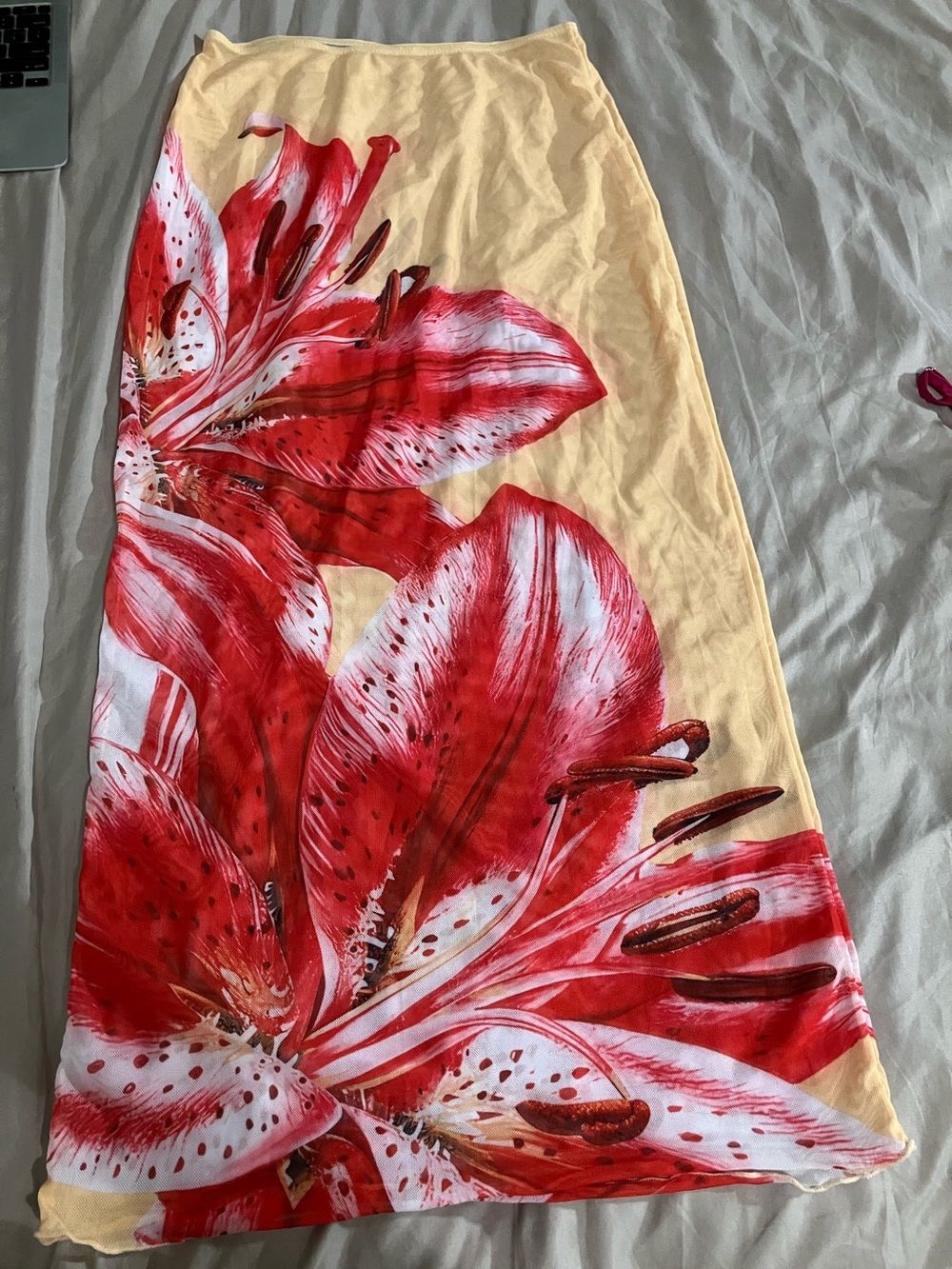 Yellowish/Cream Swim Sarong with Red Floral Print